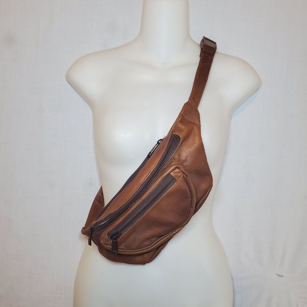 Vintage Brown Leather Fanny Pack Waist Belt Bag Festival Zippers Boho